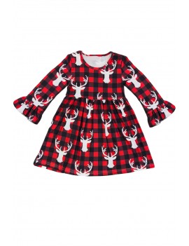 Buffalo Plaid Reindeer Christmas Little Girl Dress