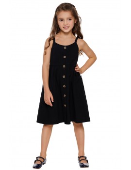Black Little Girls Spaghetti Strap Button Dress with Pockets