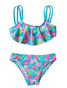 Girls’ Ruffle Flower Print Two Piece Swimsuit Set