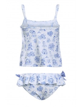 Blue Toile Pattern Little Girls Swimsuit