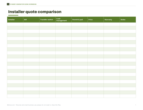 Preview of Generator Quote Comparison Sheet
